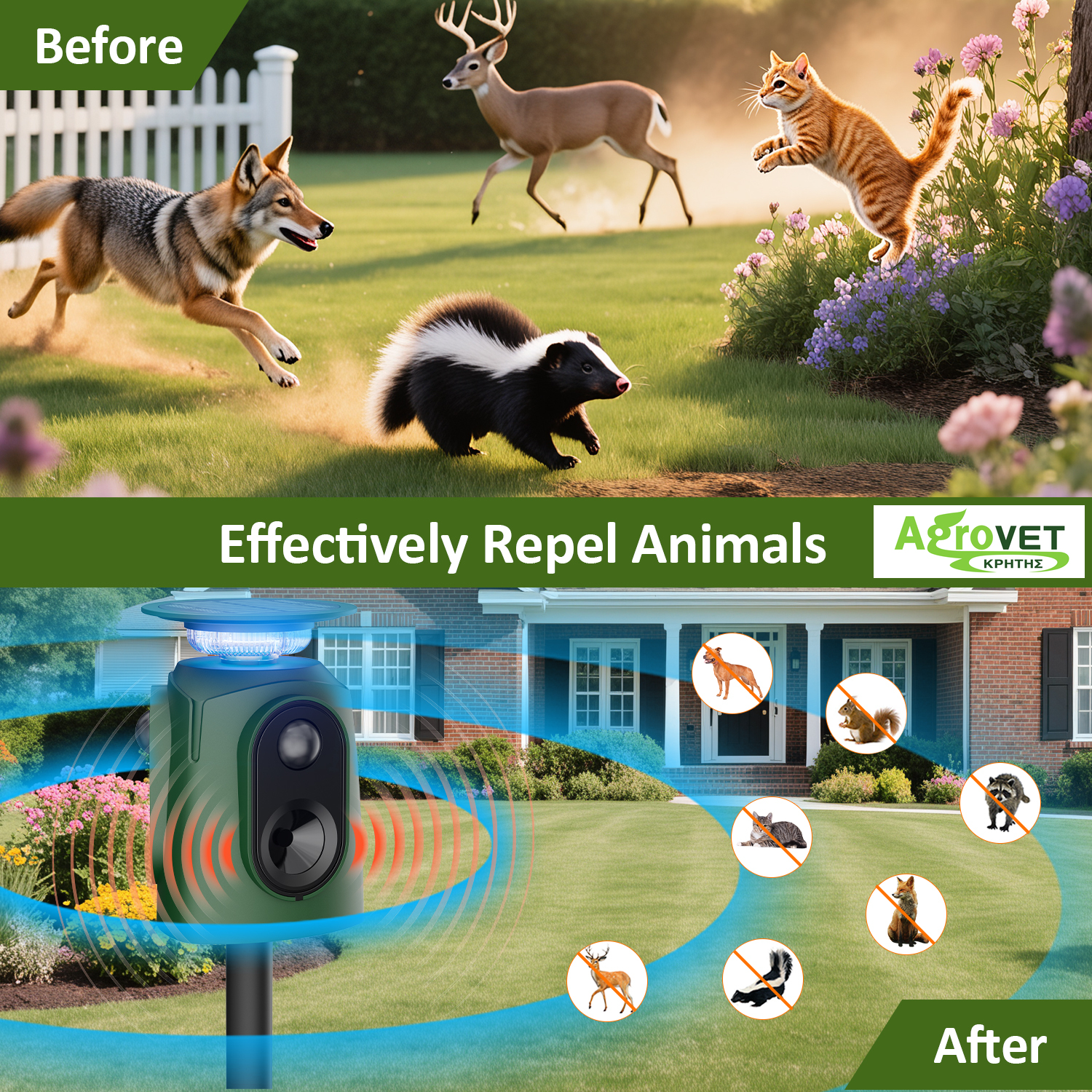 ΗΛΙΑΚΟ ΑΠΩΘΗΤΙΚΟ ΖΩΩΝ 360 SOLAR ULTRASONIC ANIMAL REPELLER AR52 - 3